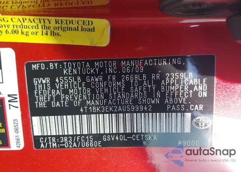 2010 Toyota Camry Se V6 z USA, uszkodzony, nr VIN 4T1BK3EK2AU599942